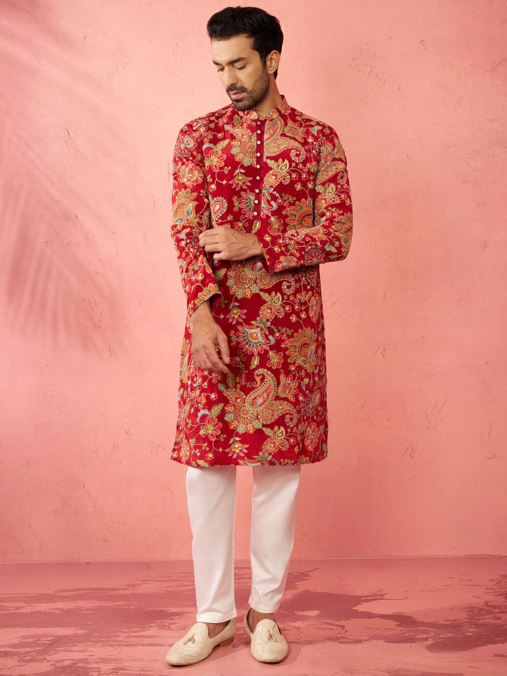 Men's Maroon Crepe Zari Embroidered Kurta Pyjama Set