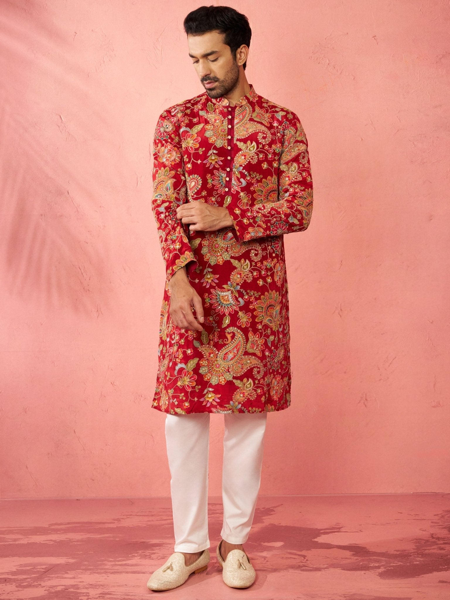 Men's Maroon Crepe Zari Embroidered Kurta Pyjama Set