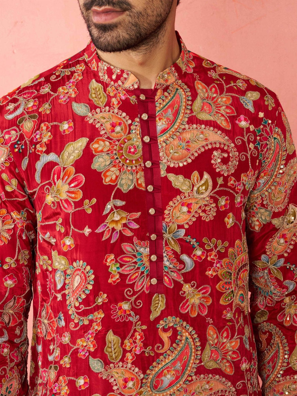 Men’s Maroon Crepe Zari Embroidered Mandarin Collar Kurta with Digital Floral Print