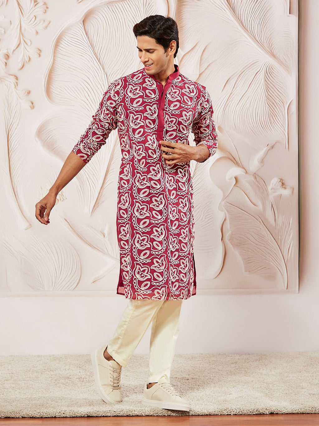 Men's Maroon Embroidered Fox Georgette Kurta Pyjama Set