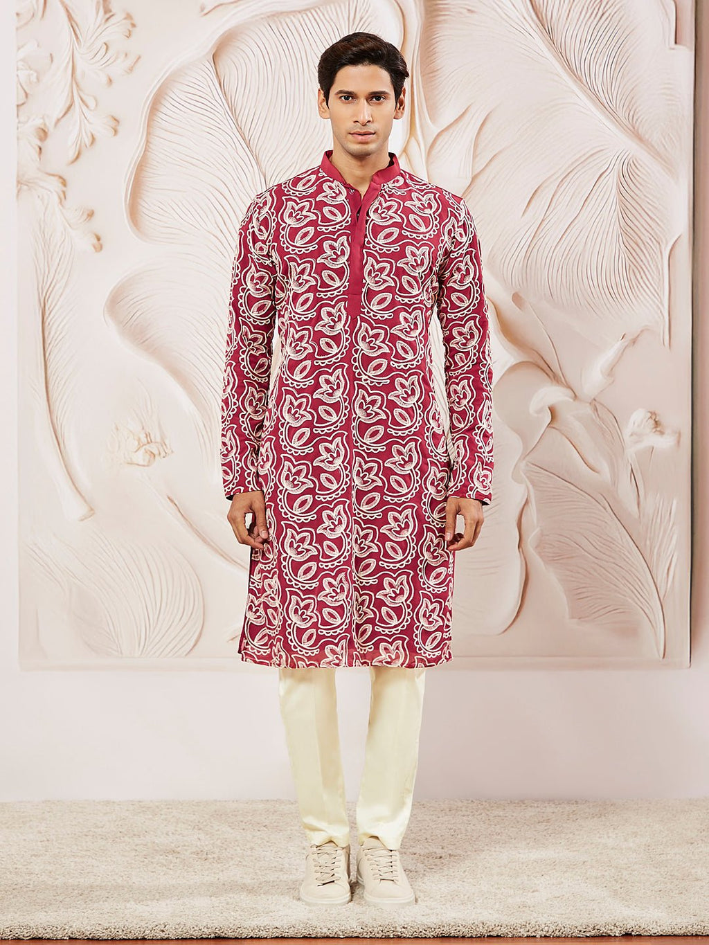 Men's Maroon Floral Embroidered Georgette Kurta with Satin Pyjama and Dupatta Set