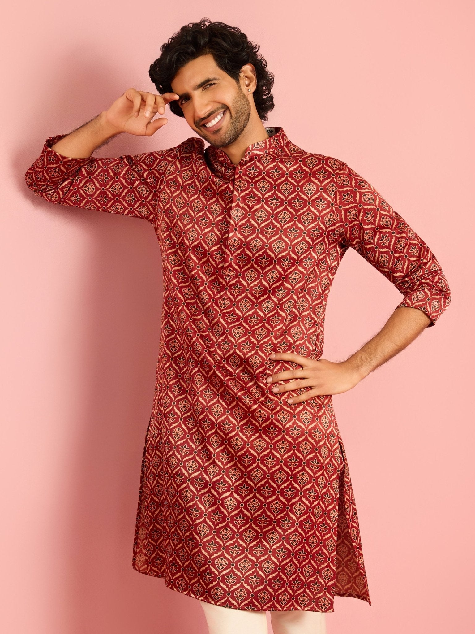 Men's Maroon Silk Blend Kurta