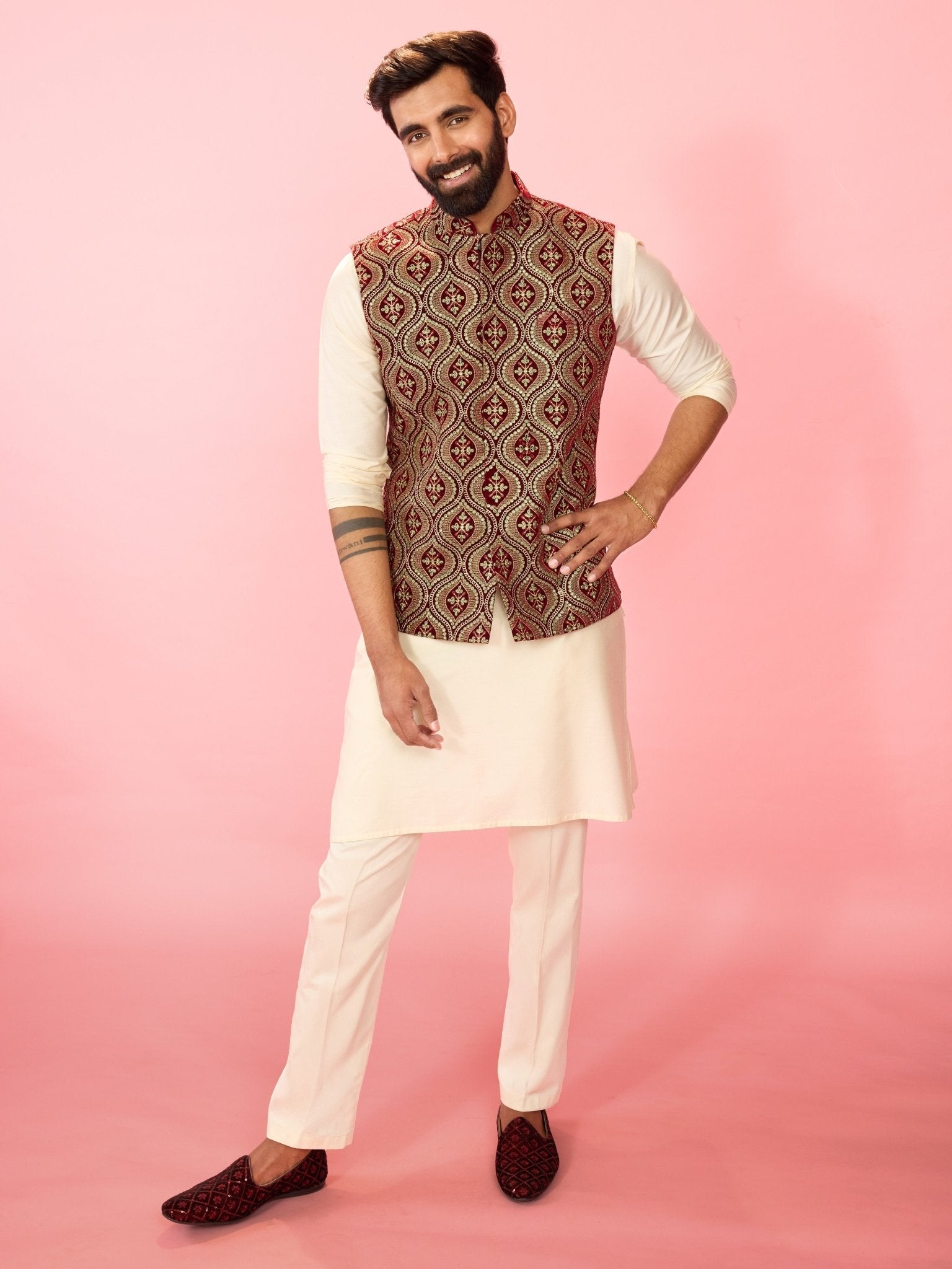 Men's Maroon Velvet Embroidered Nehru Jacket with Cream Silk Kurta & Pant Pyjama
