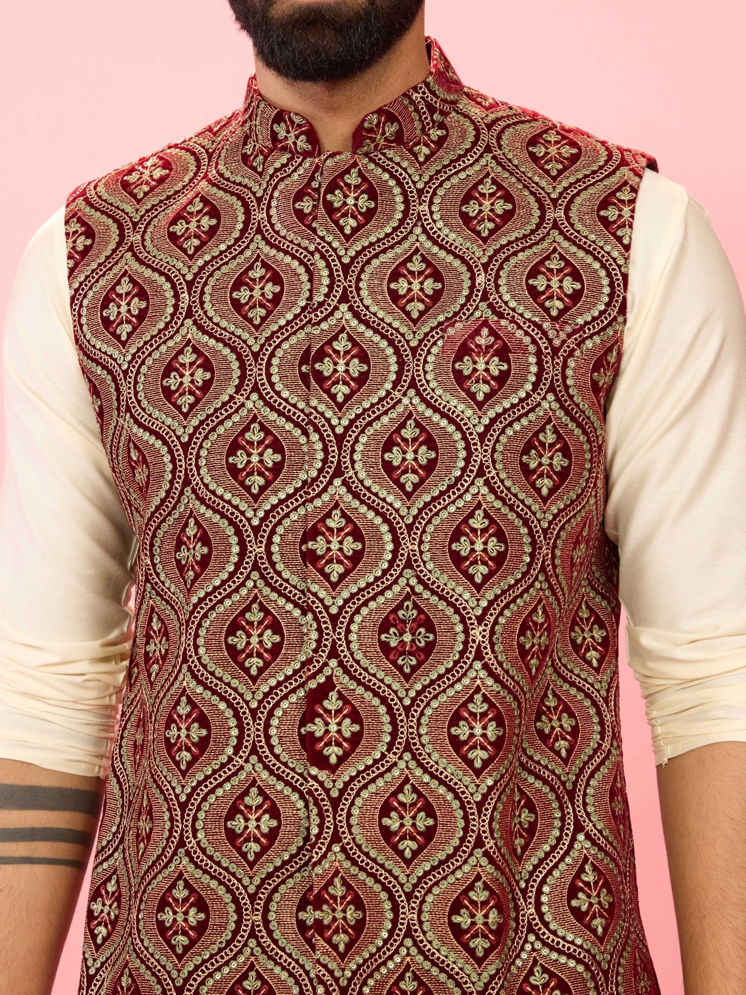 Men's Maroon Velvet Embroidered Nehru Jacket with Cream Silk Kurta & Pant Pyjama