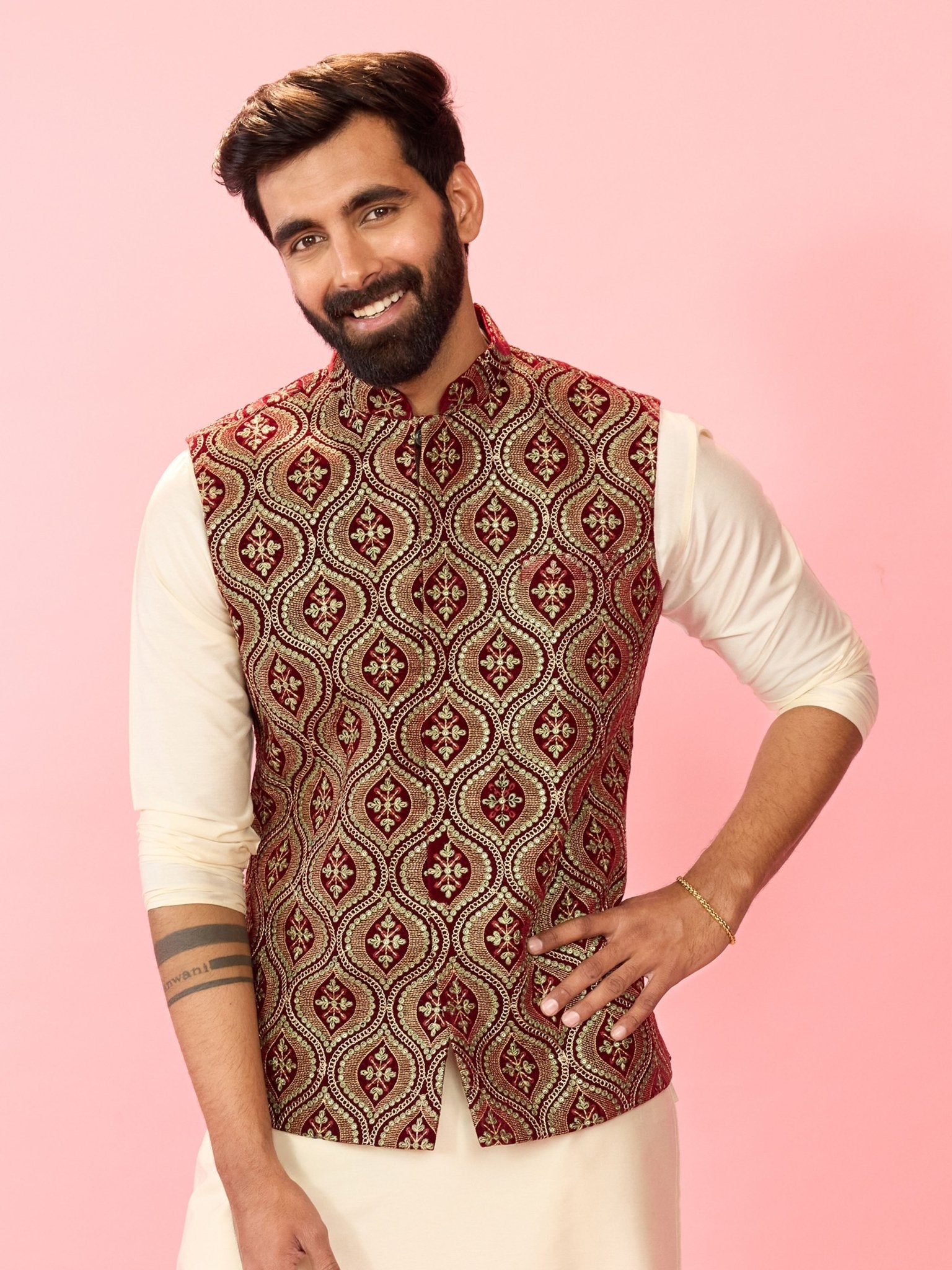 Men's Maroon Velvet Ethnic Motif Thread & Sequin Embroidered Nehru Jacket with Satin Lining
