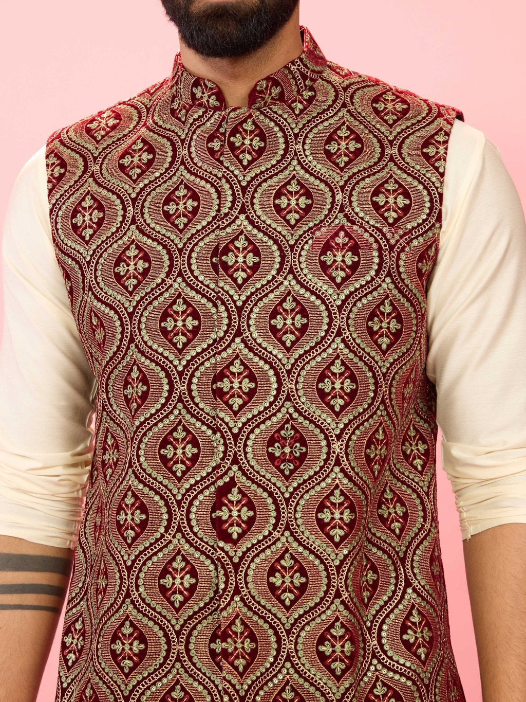 Men's Maroon Velvet Ethnic Motif Thread & Sequin Embroidered Nehru Jacket with Satin Lining