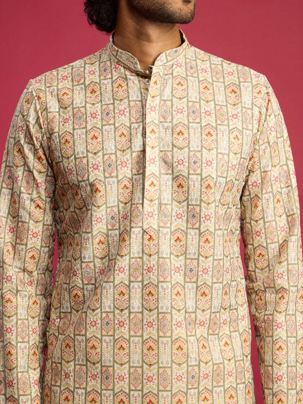 Men's Mint Green Cotton Blend Kurta with Cream Pyjama Set
