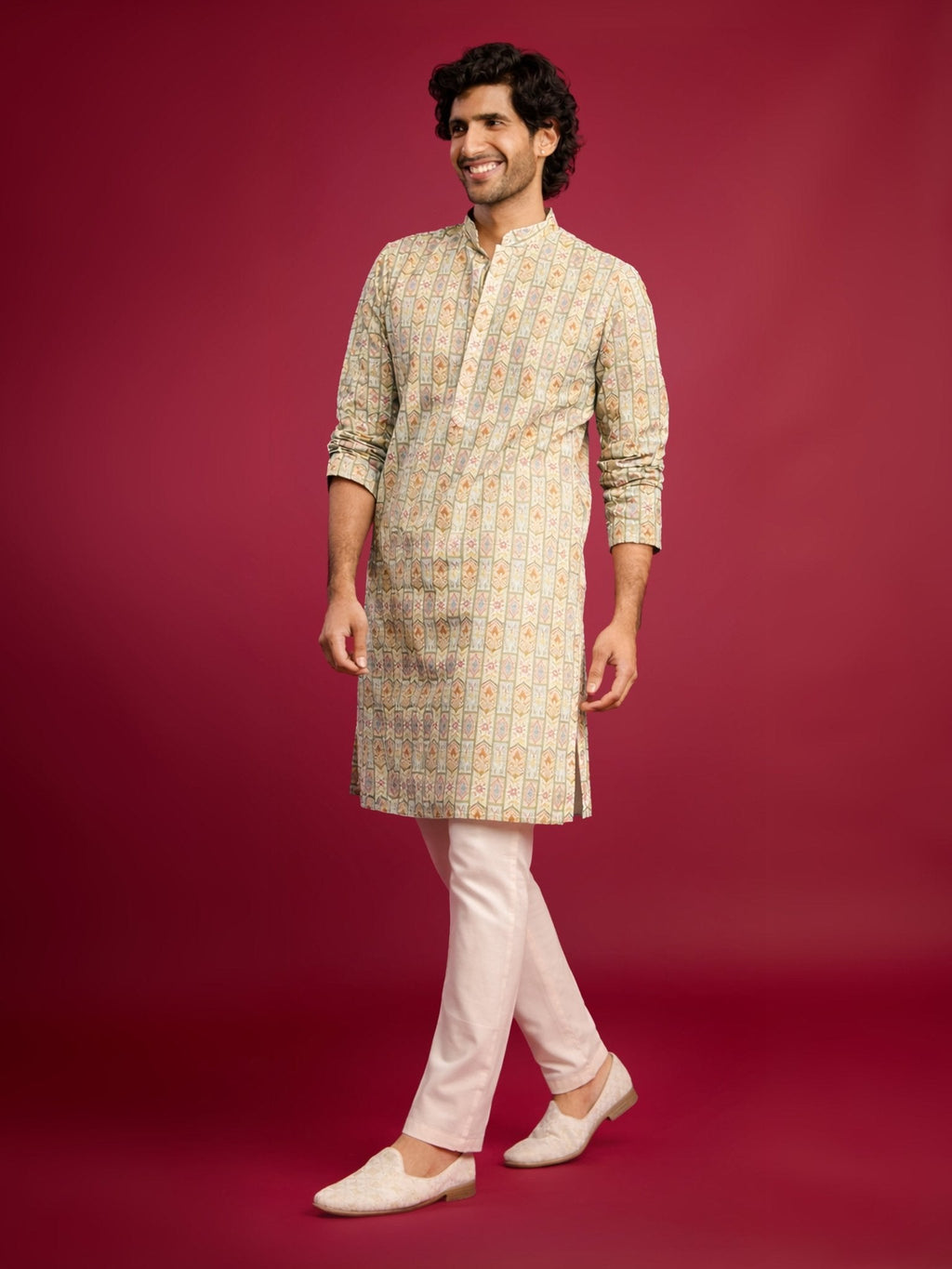 Men's Mint Green Cotton Blend Kurta with Cream Pyjama Set