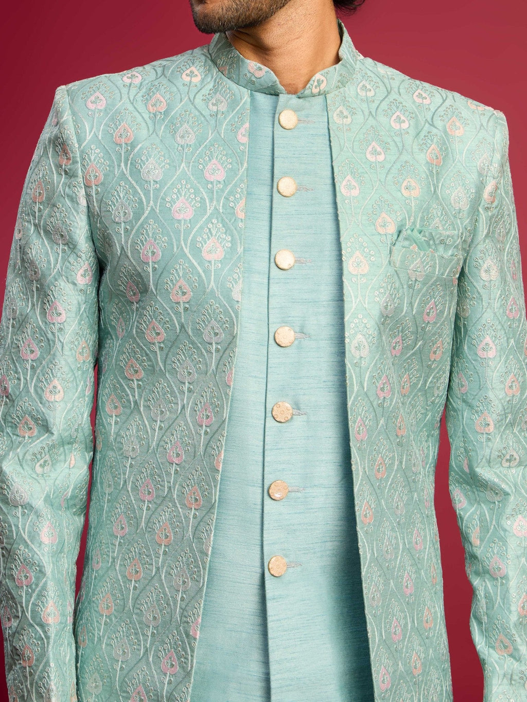 Men's Mint Green Embroidered Silk Blend Indo-Western with Cream Pant Style Pyjama