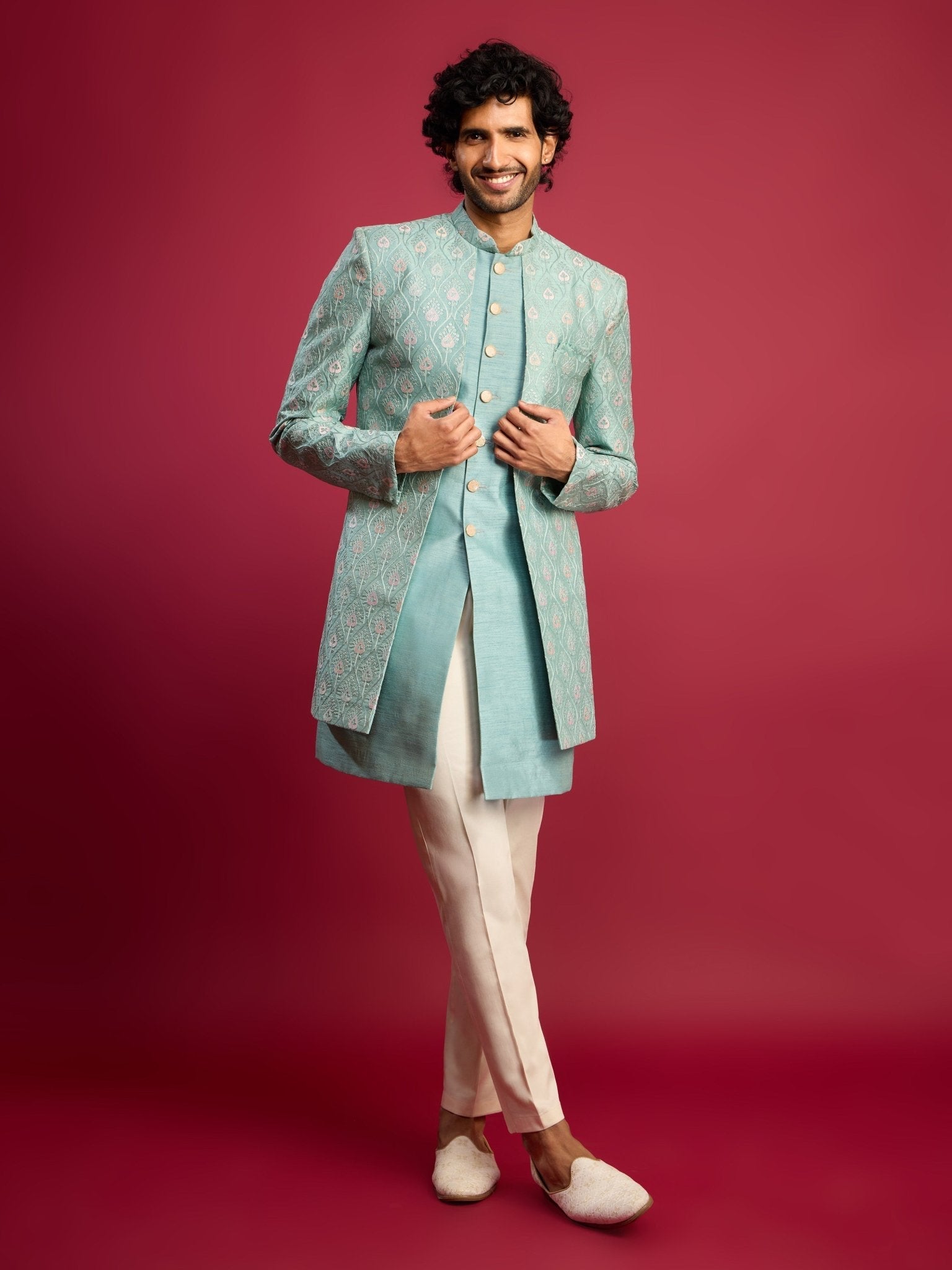 Men's Mint Green Embroidered Silk Blend Indo-Western with Cream Pant Style Pyjama