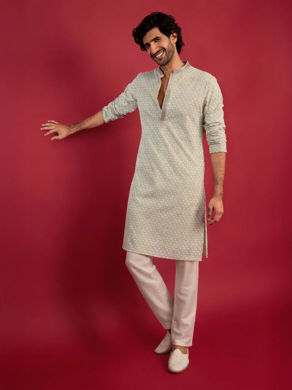 Men's Mint Green Faux Georgette Kurta with Cream Pyjama Set
