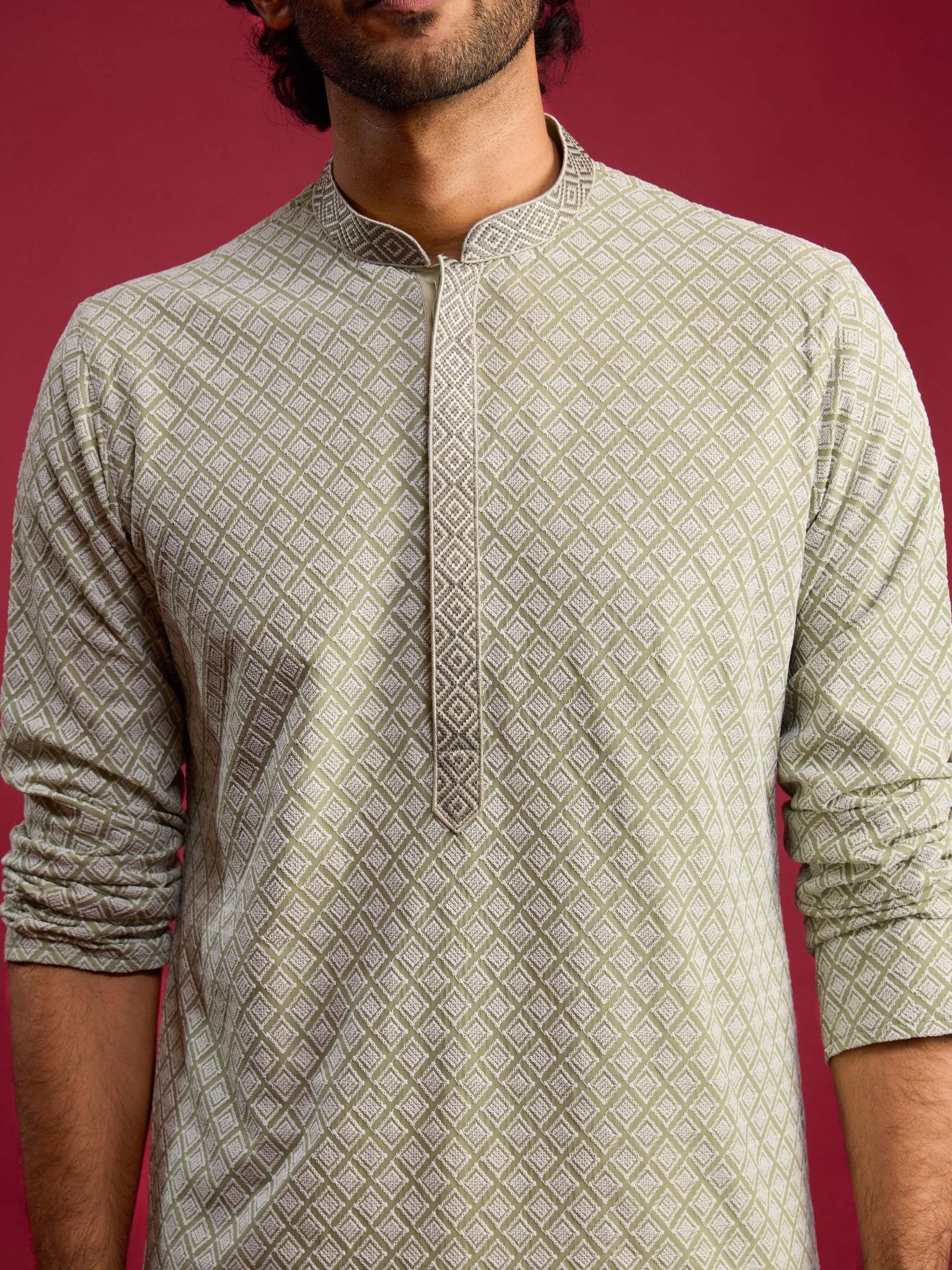 Men's Mint Green Faux Georgette Kurta with Cream Pyjama Set