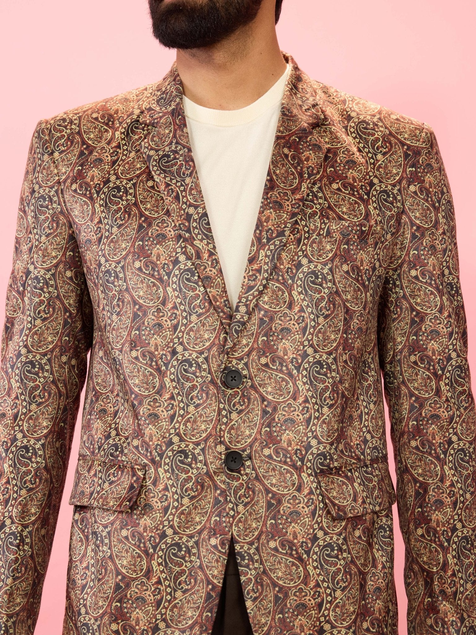 Men's Multicolour Velvet Patch Paisley Digital Print Notch Collar Wedding Blazer