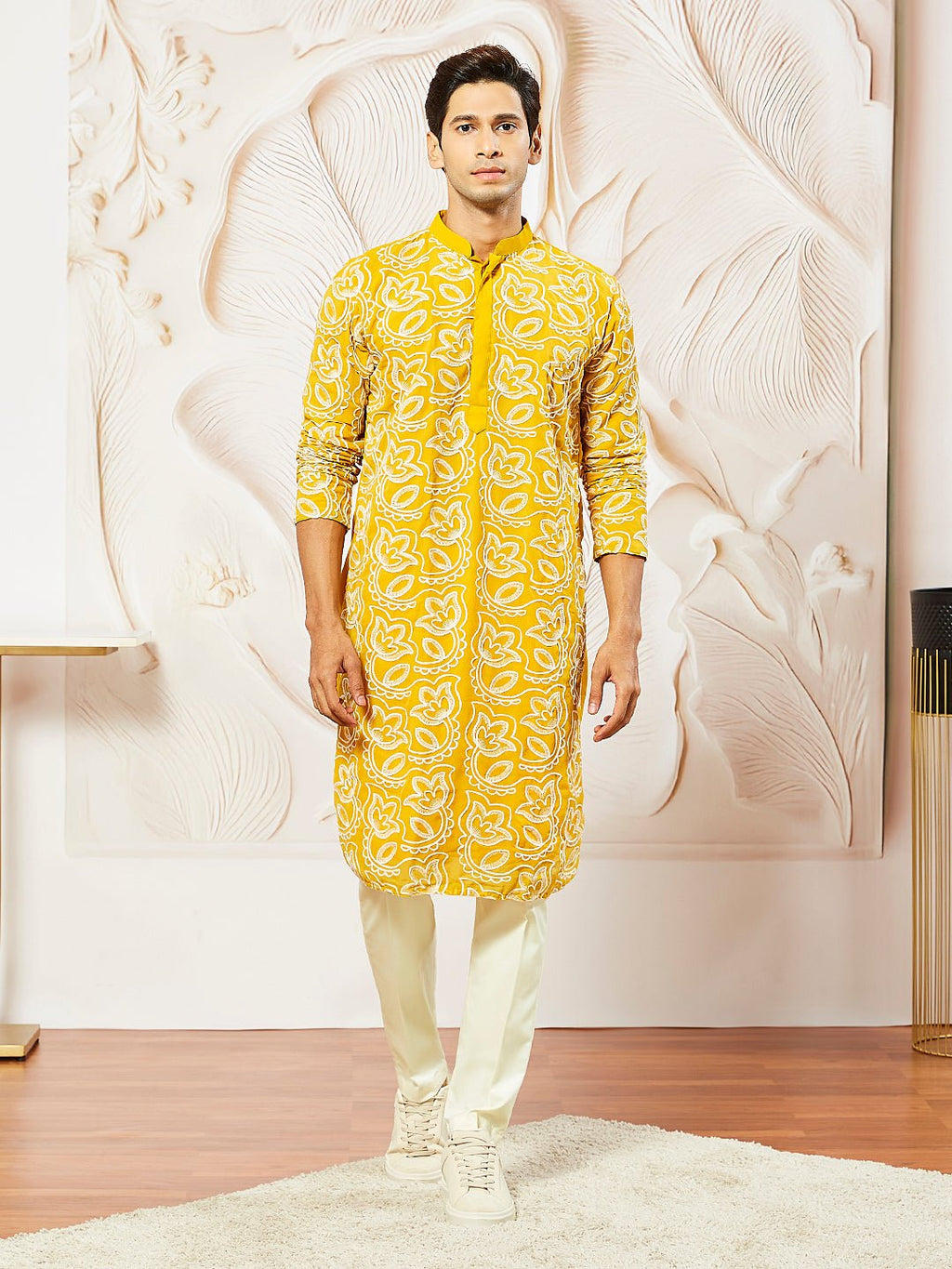 Men's Mustard Embroidered Fox Georgette Kurta Pyjama Set