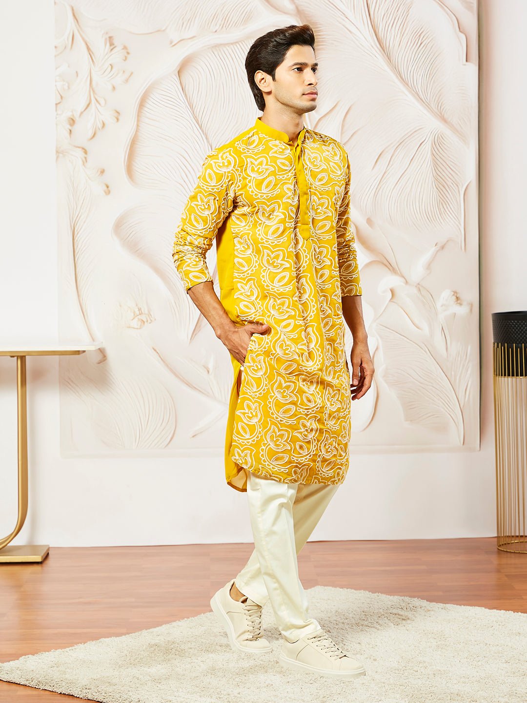 Men's Mustard Embroidered Fox Georgette Kurta Pyjama Set