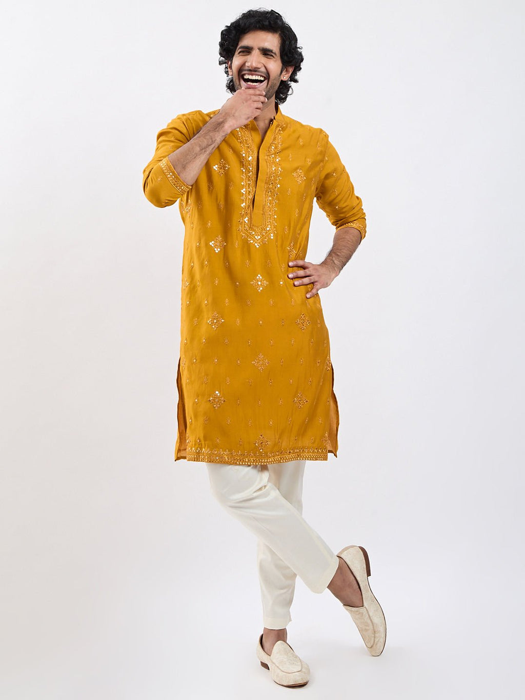 Men's Mustard Embroidered Sequined Silk Blend Kurta Pyjama Set