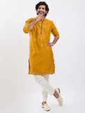 Men's Mustard Embroidered Sequined Silk Blend Kurta Pyjama Set