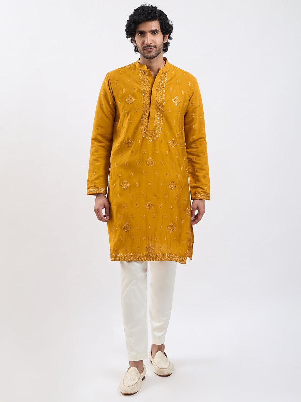 Men's Mustard Embroidered Sequined Silk Blend Kurta Pyjama Set