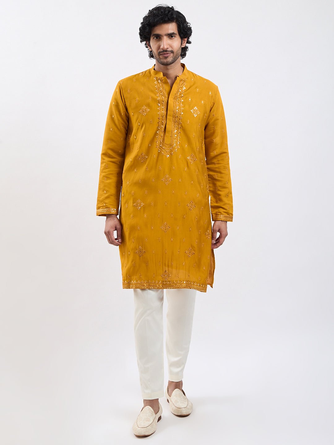 Men's Mustard Embroidered Sequined Silk Blend Kurta Pyjama Set