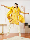 Men's Mustard Floral Embroidered Georgette Kurta with Satin Pyjama and Dupatta Set