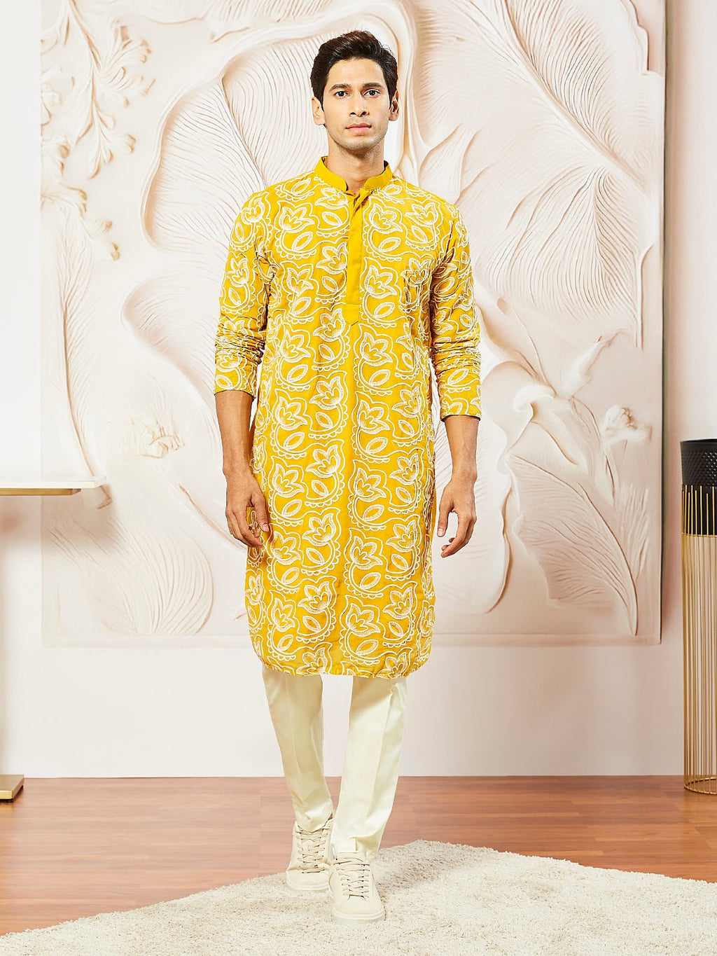 Men's Mustard Floral Embroidered Georgette Kurta with Satin Pyjama and Dupatta Set