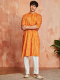 Men's Mustard Foil Bandhani Digital Print Rayon Kurta with Cream Viscose Pyjama