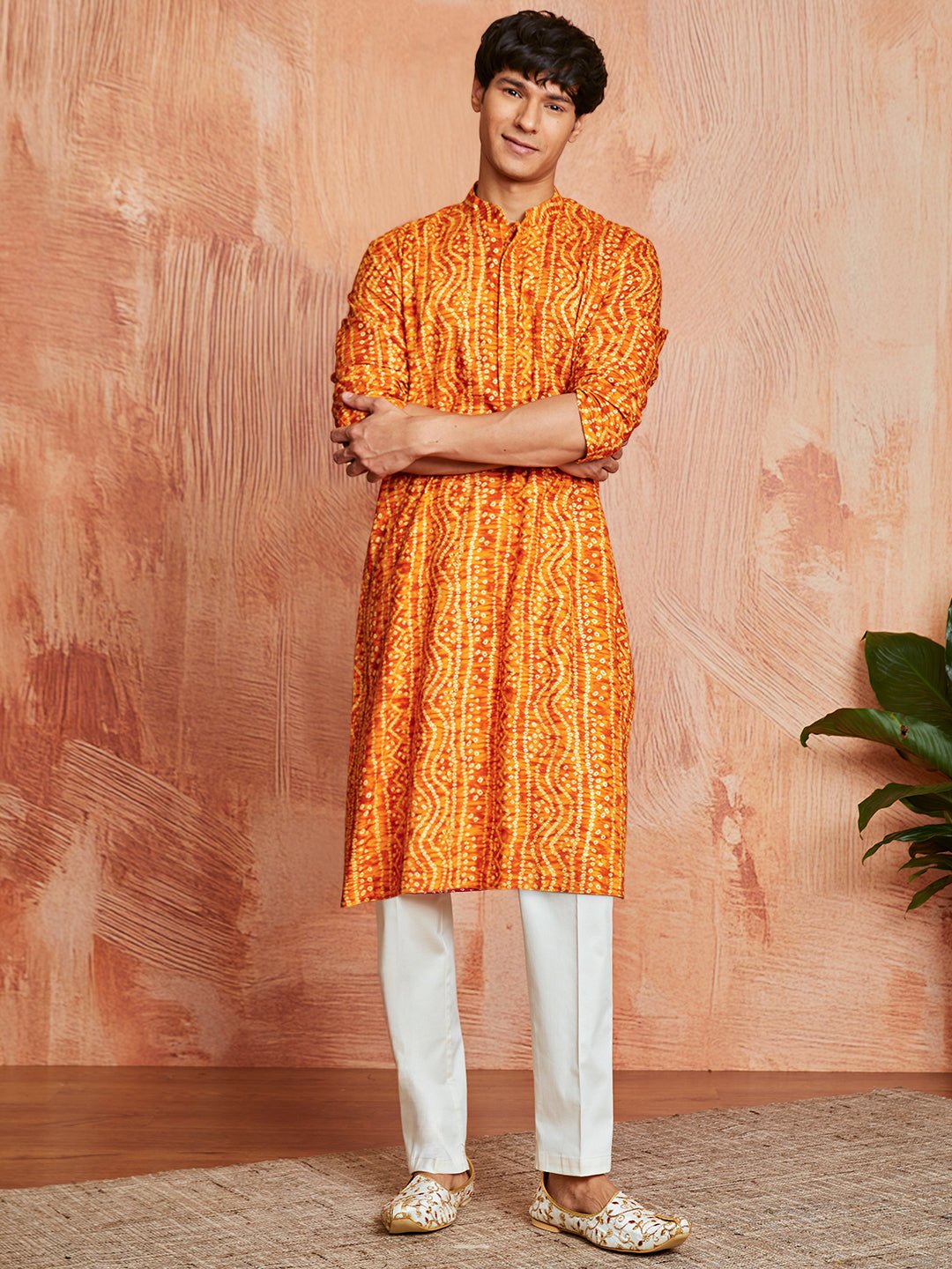 Men's Mustard Foil Bandhani Digital Print Rayon Kurta with Cream Viscose Pyjama