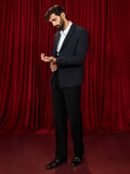 Men's Navy Blue Embossed Bafta Blazer & Black Straight Pant Co-ord Set