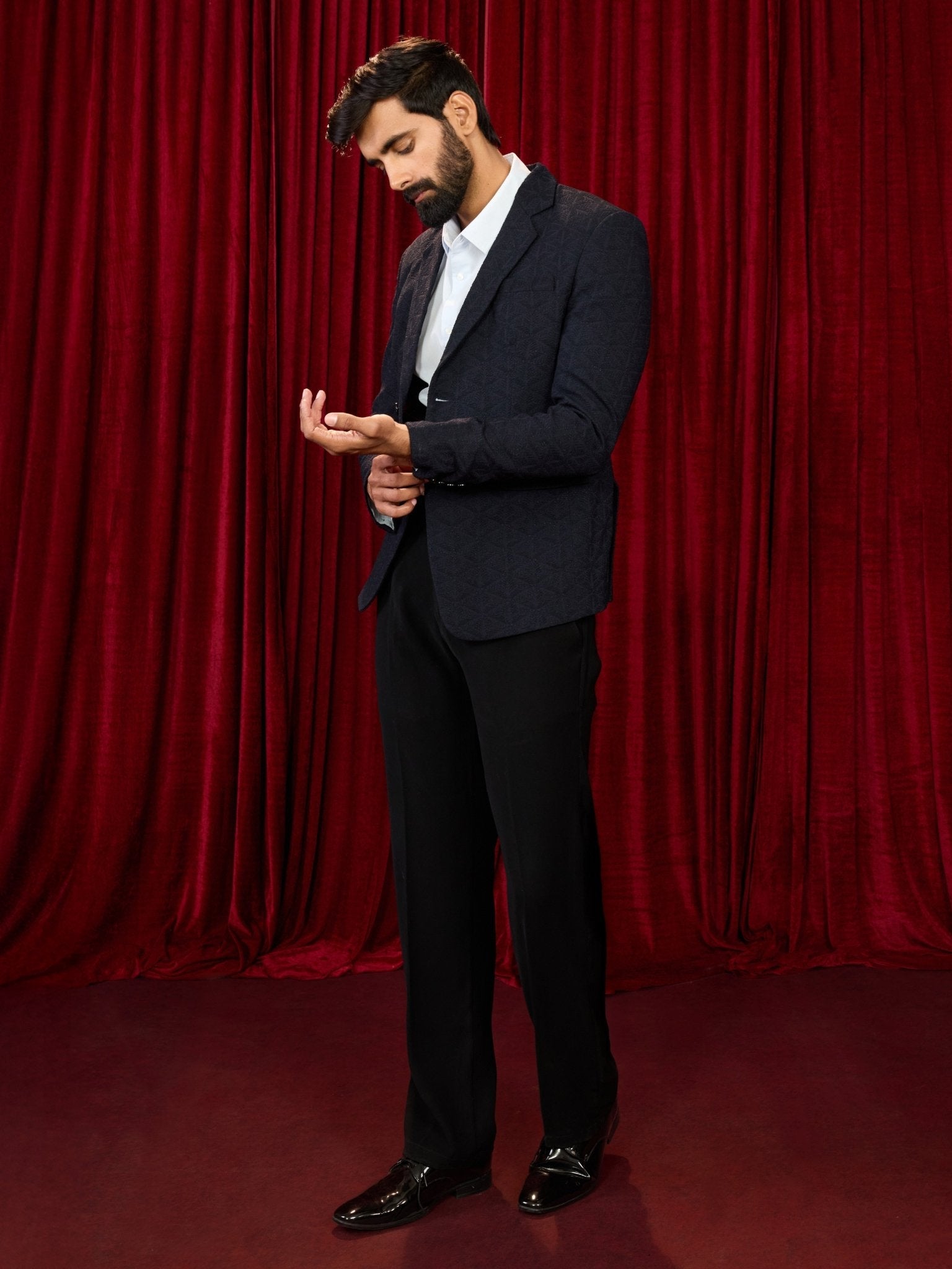 Men's Navy Blue Embossed Bafta Blazer & Black Straight Pant Co-ord Set