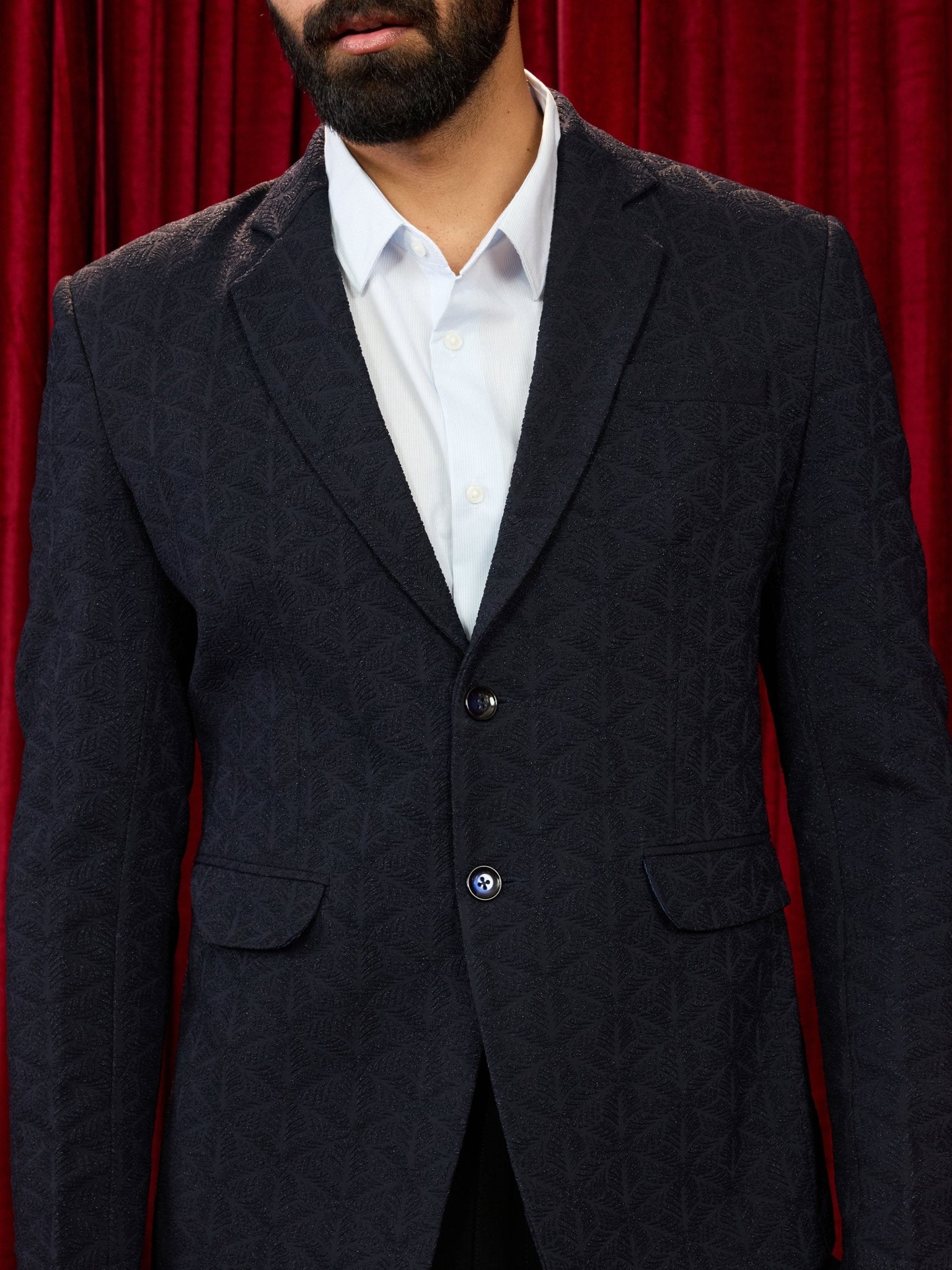 Men's Navy Blue Embossed Bafta Blazer & Black Straight Pant Co-ord Set