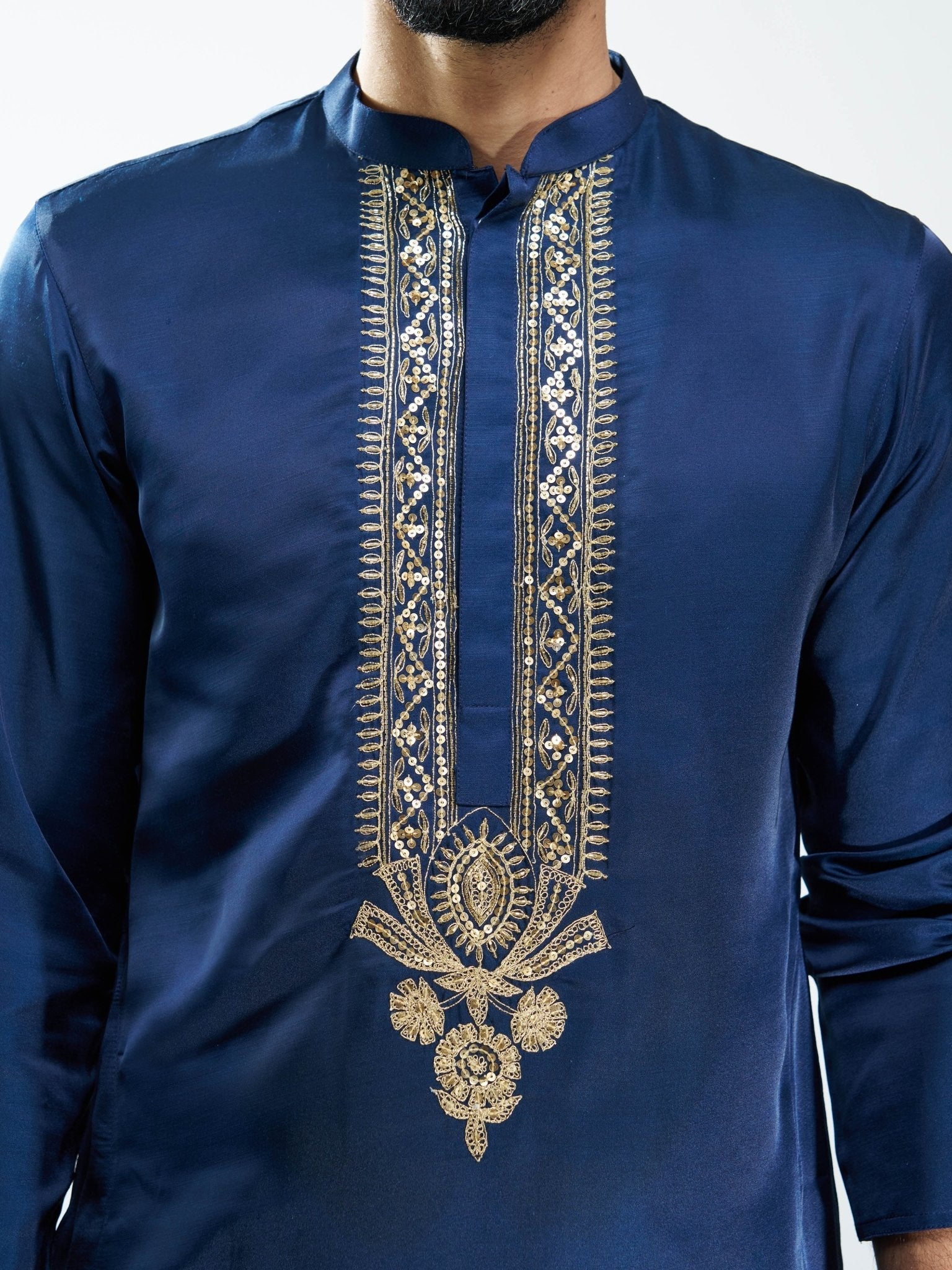 Men's Navy Blue Embroidered Silk Blend Kurta with Cream Wide Leg Palazzo