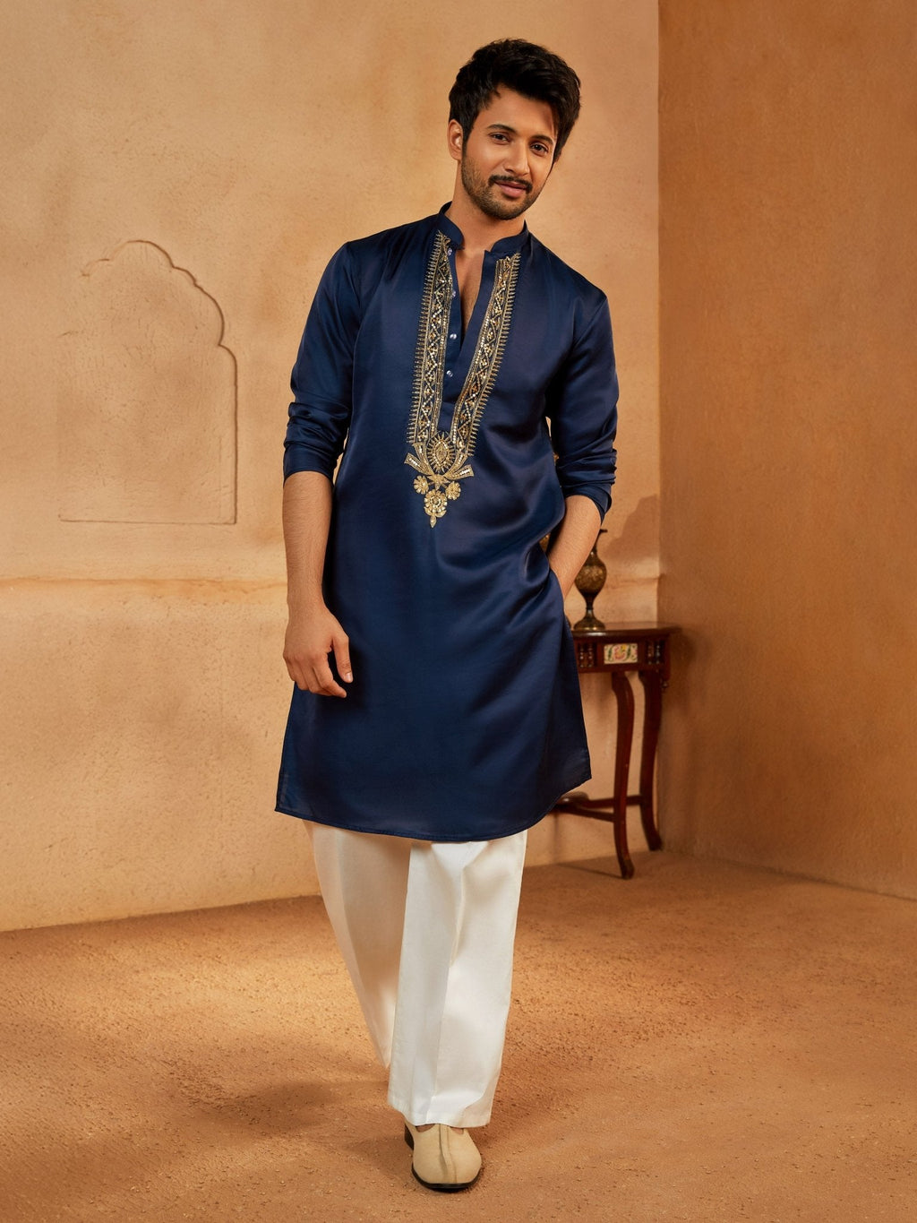 Men's Navy Blue Embroidered Silk Blend Kurta with Cream Wide Leg Palazzo