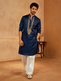 Men's Navy Blue Embroidered Silk Blend Kurta with Cream Wide Leg Palazzo