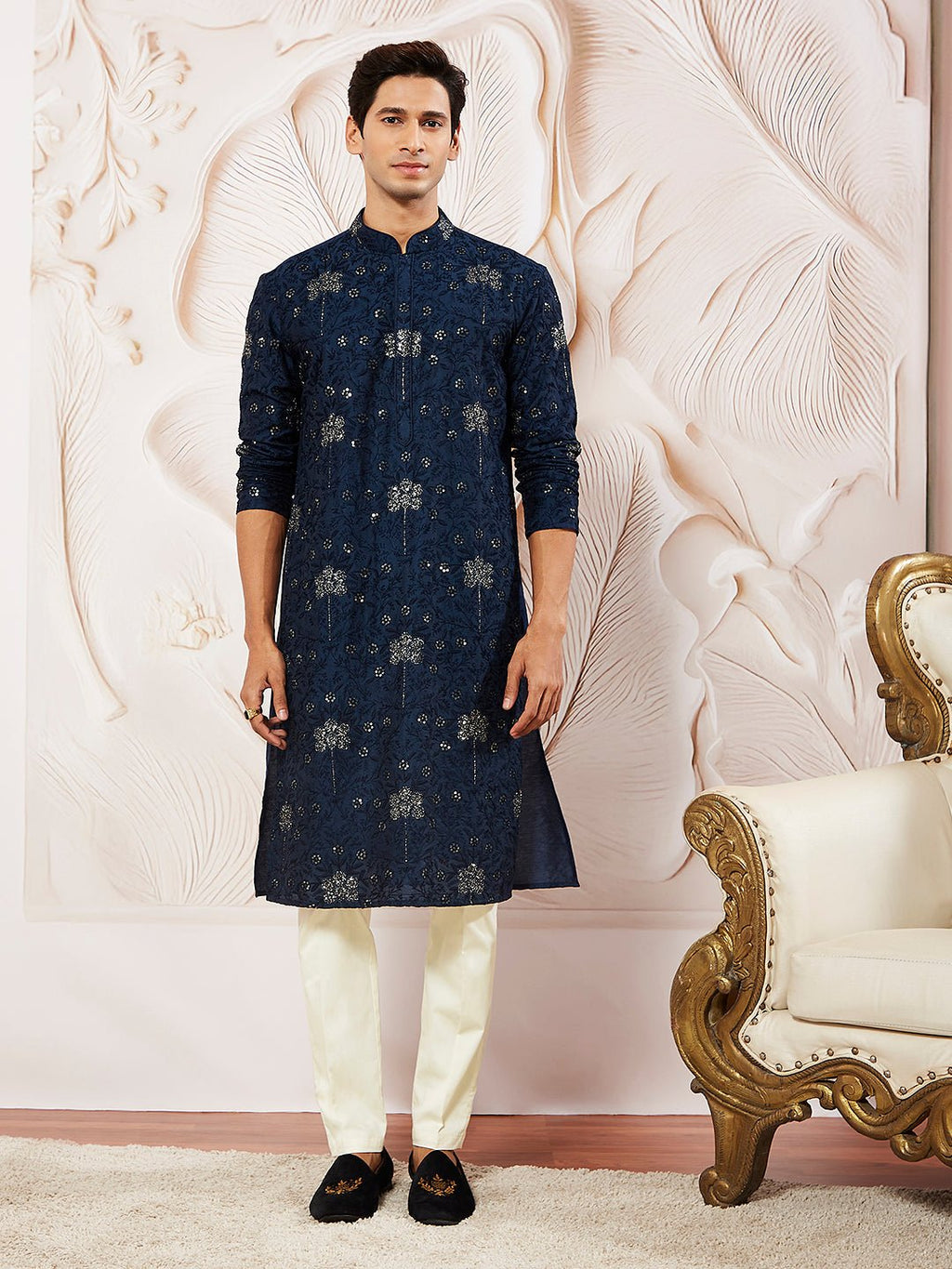 Men's Navy Blue Sequin Floral Embroidered Silk Kurta with Satin Pyjama Set