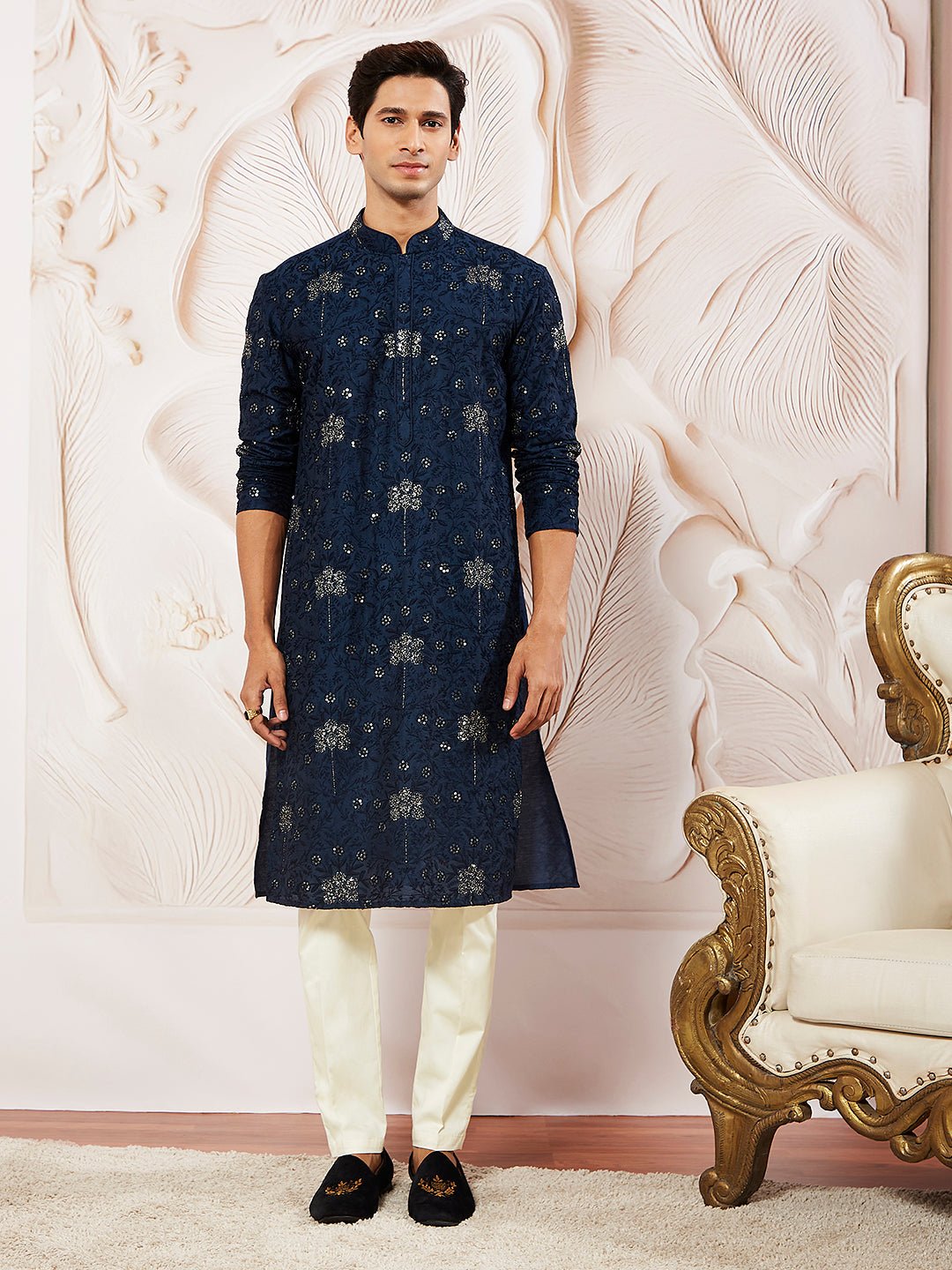 Men's Navy Blue Sequin Floral Embroidered Silk Kurta with Satin Pyjama Set