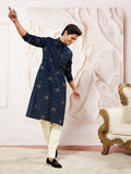 Men's Navy Blue Sequin Floral Embroidered Silk Kurta with Satin Pyjama Set