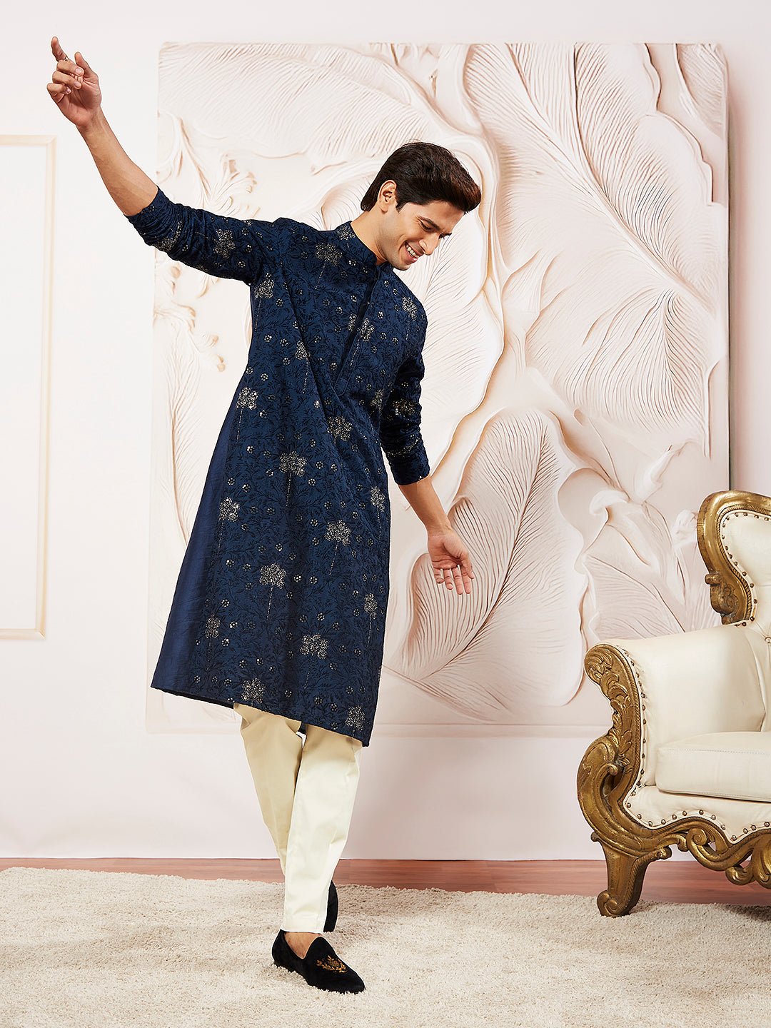 Men's Navy Blue Sequin Floral Embroidered Silk Kurta with Satin Pyjama Set