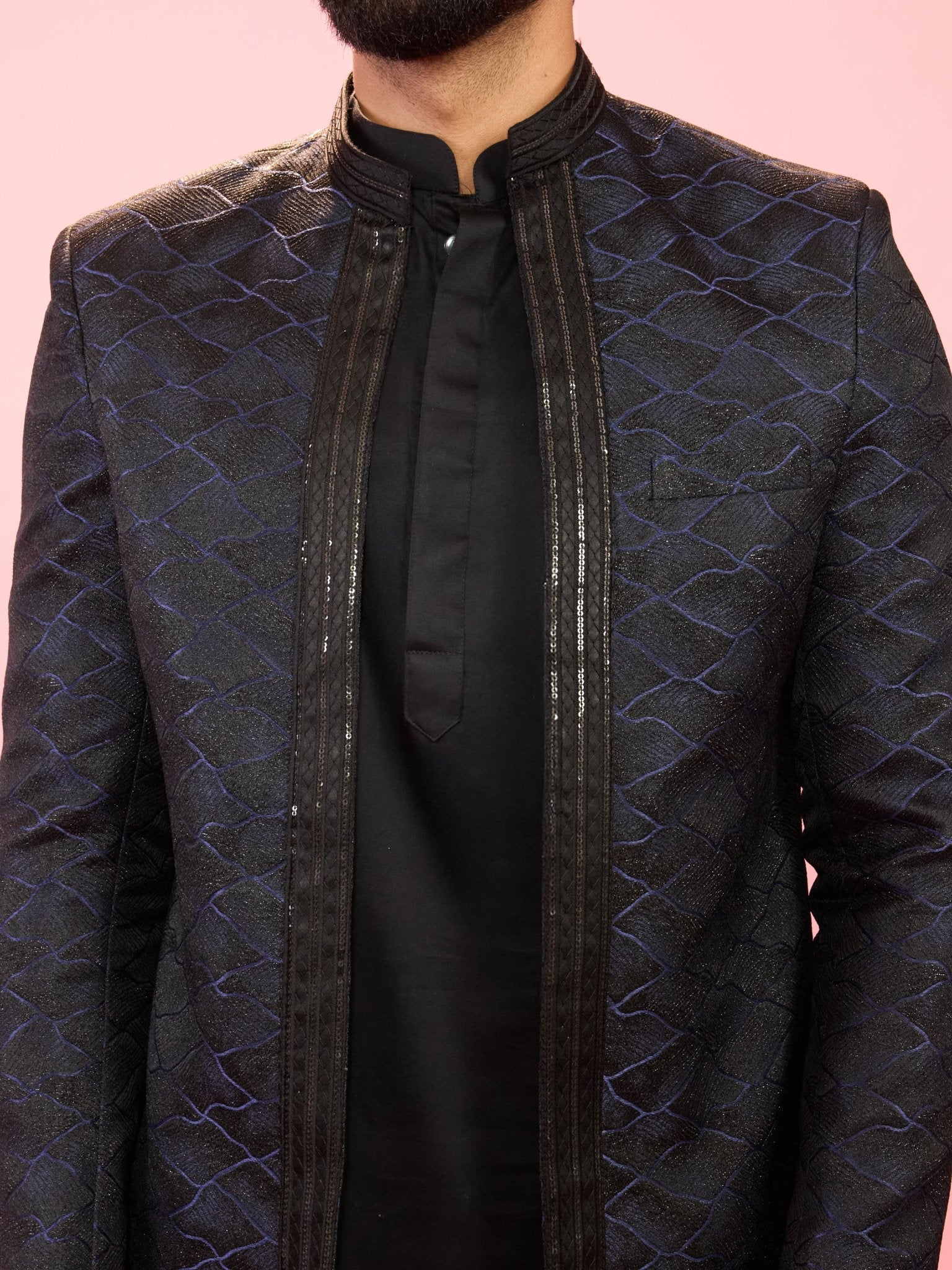 Men's Navy Blue Sequin Geometric Jodhpuri Blazer with Satin Lining