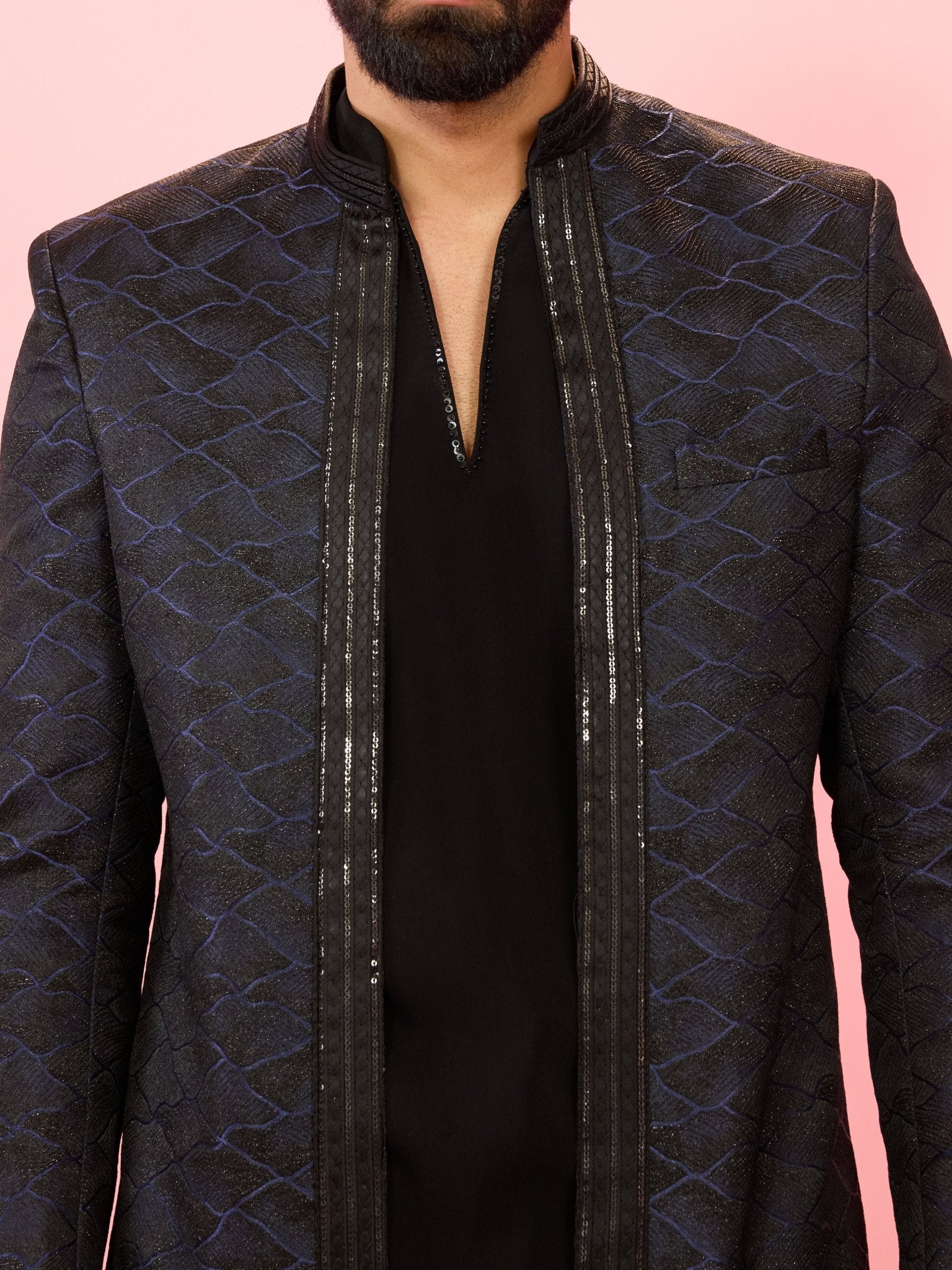 Men's Navy Blue Sequin Jodhpuri with Black Beaded V-Neck Kurta & Straight Pant
