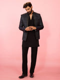 Men's Navy Blue Sequin Jodhpuri with Black Beaded V-Neck Kurta & Straight Pant