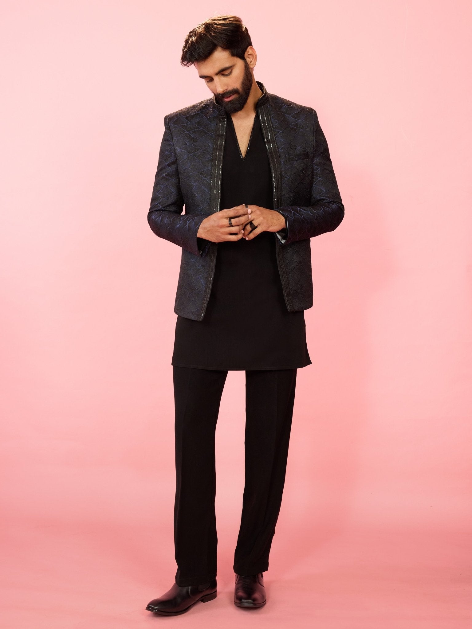 Men's Navy Blue Sequin Jodhpuri with Black Beaded V-Neck Kurta & Straight Pant