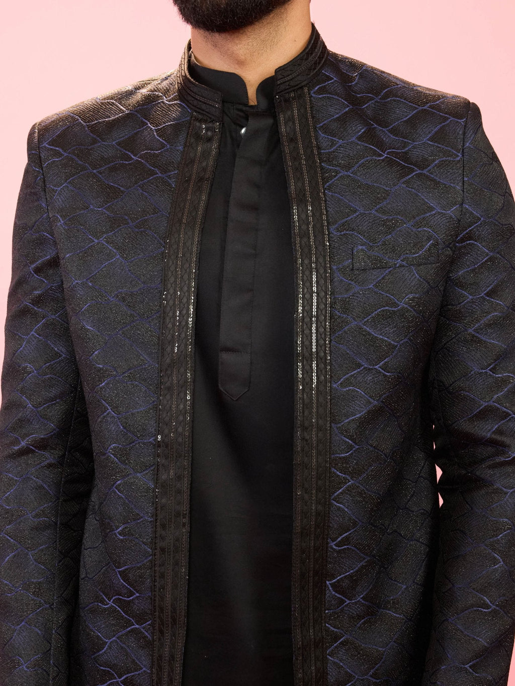 Men's Navy Blue Sequin Jodhpuri with Black Solid Satin Kurta & Pant Pyjama