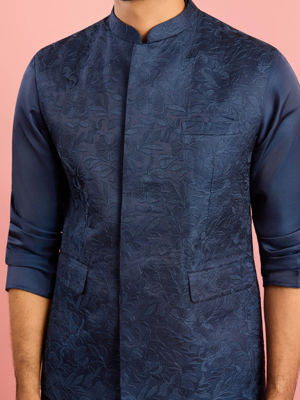 Men's Navy Blue Silk Blend Nehru Jacket