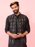 Men's Navy Blue Velvet Floral Geometric Thread Sequin Embroidered Nehru Jacket
