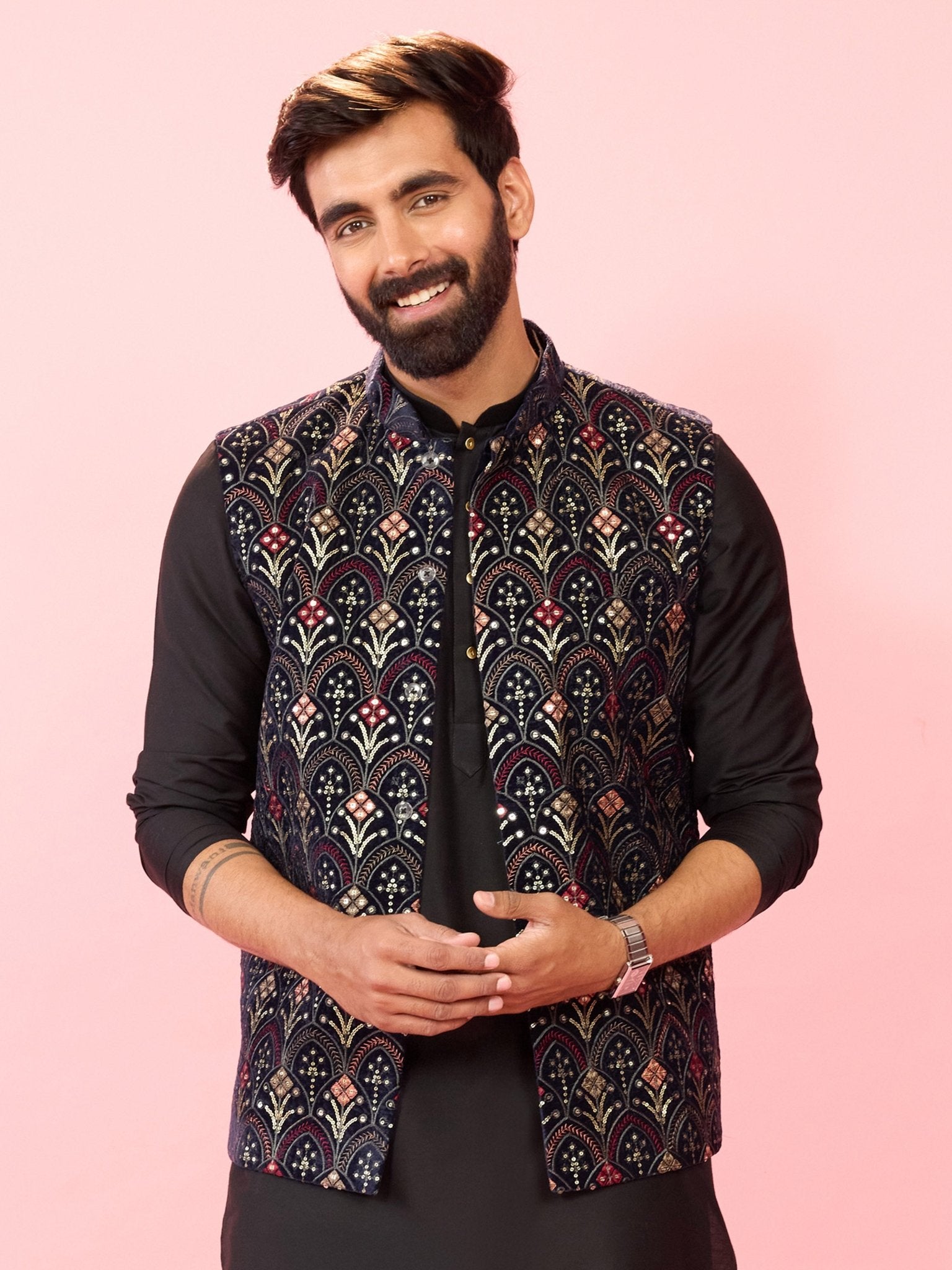 Men's Navy Blue Velvet Floral Geometric Thread Sequin Embroidered Nehru Jacket