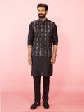 Men's Navy Blue Velvet Sequin Nehru Jacket with Black Silk Kurta & Pant Pyjama Set