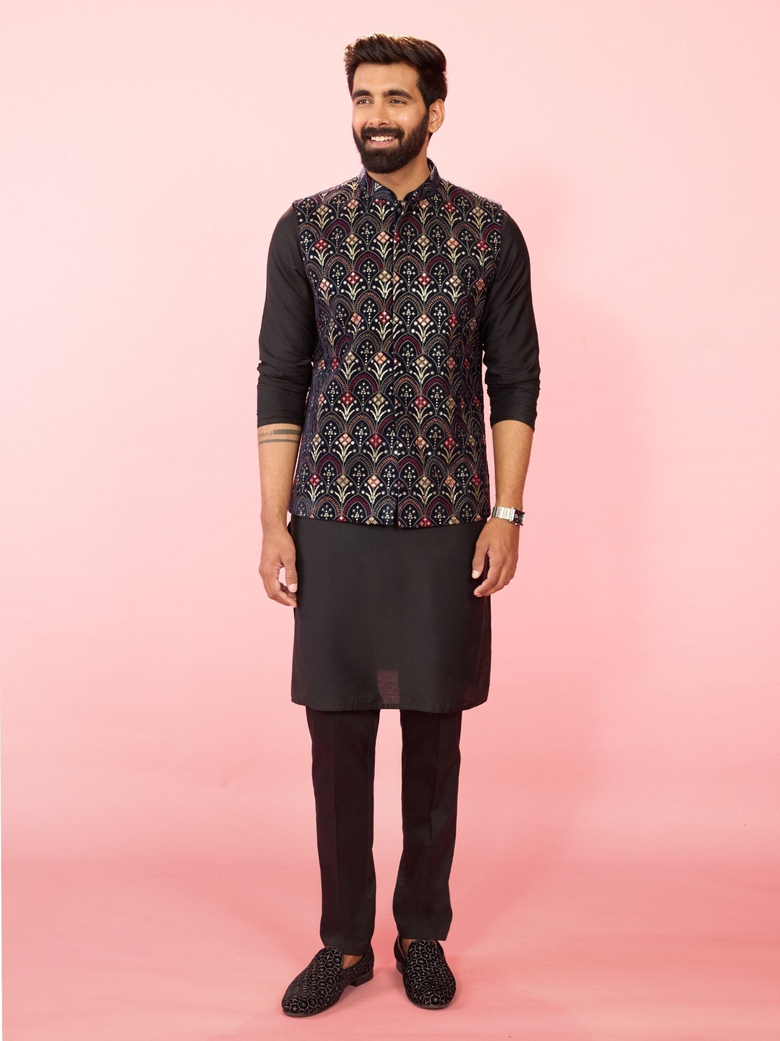 Men's Navy Blue Velvet Sequin Nehru Jacket with Black Silk Kurta & Pant Pyjama Set