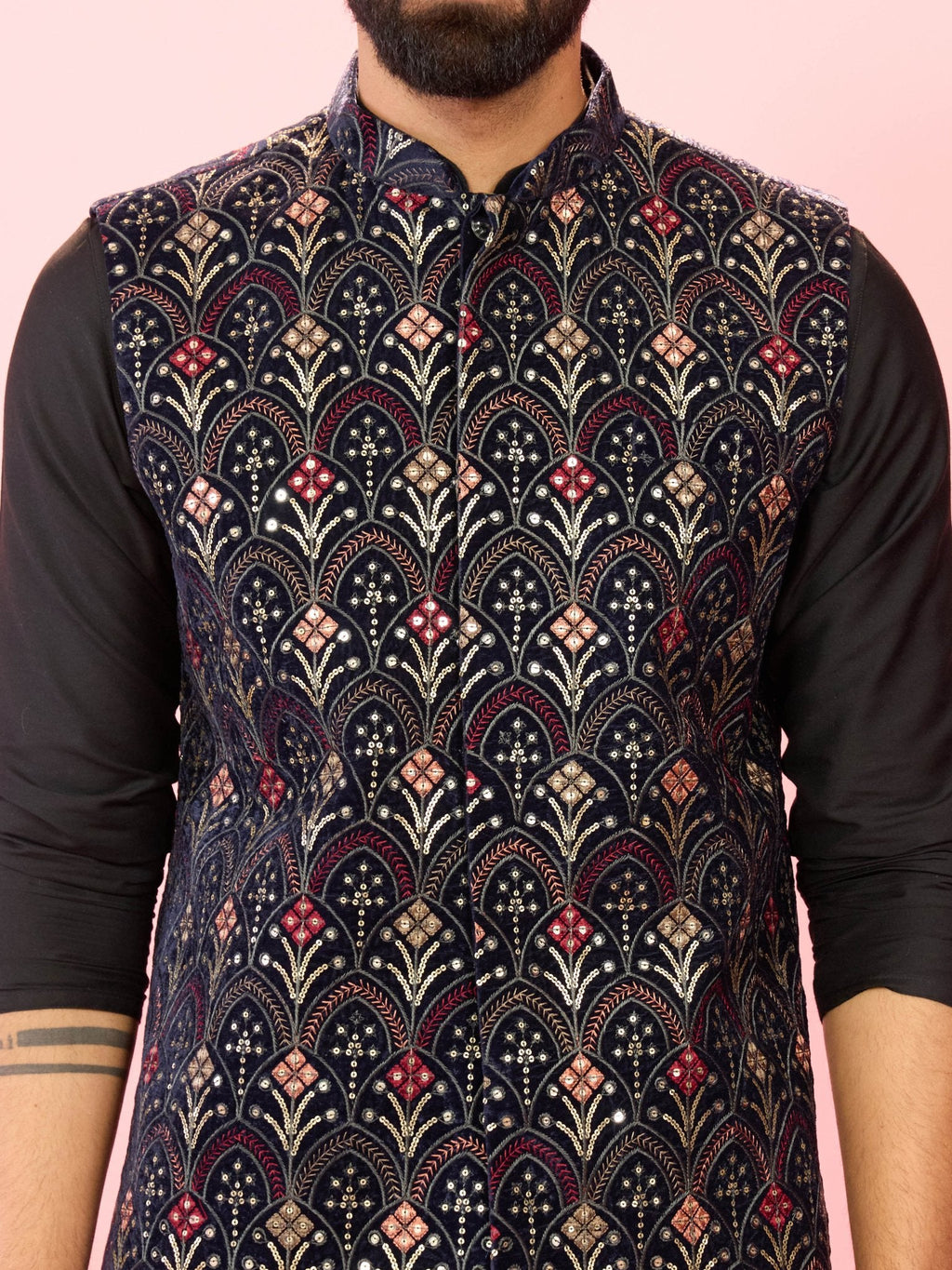 Men's Navy Blue Velvet Sequin Nehru Jacket with Black Silk Kurta & Pant Pyjama Set
