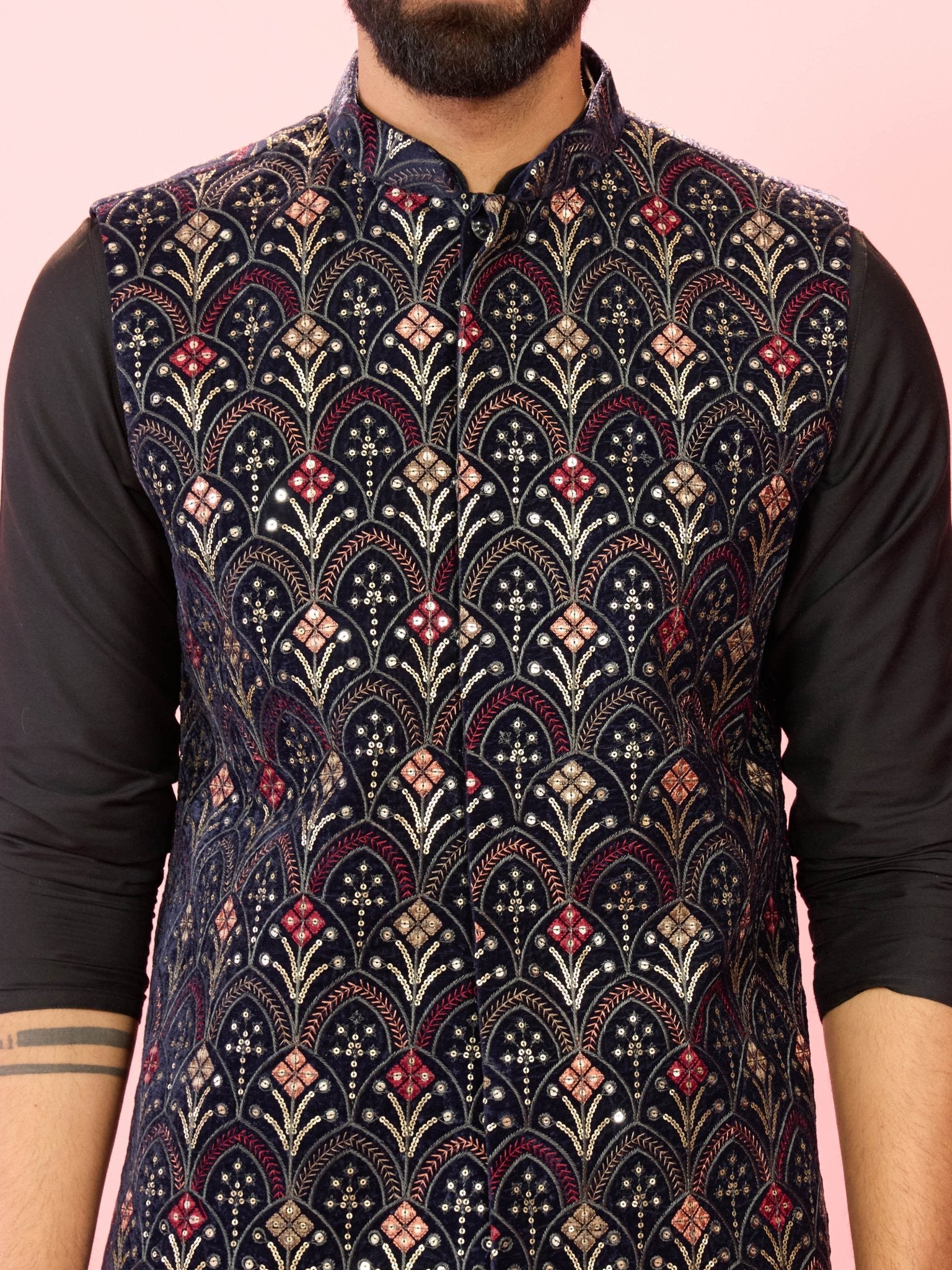 Men's Navy Blue Velvet Sequin Nehru Jacket with Black Silk Kurta & Pant Pyjama Set