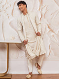 Men's Off White Chikankari Embroidered Kurta Set with Cream Satin Pyjama & Embroidered Dupatta